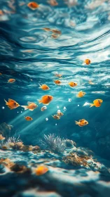 Small orange reef fish dispersed in clear shallow water.