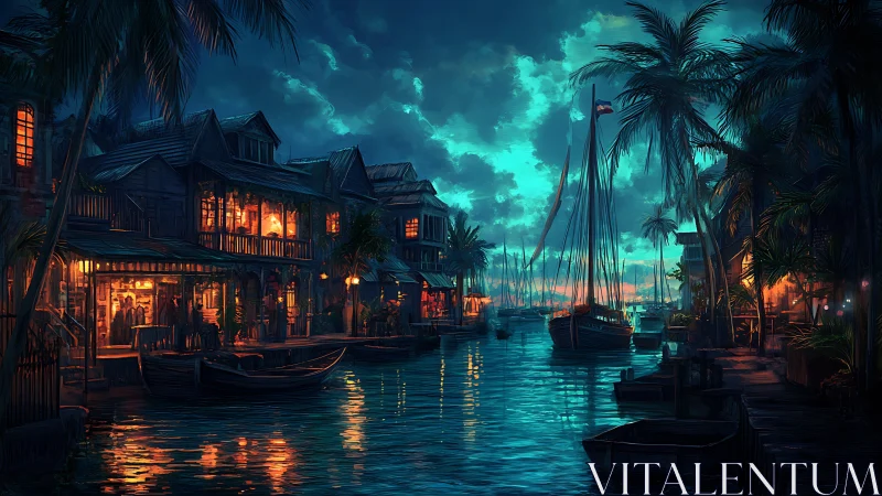 Venice's Twilight Harbor: Neon Dreams Meet Teal Skies.