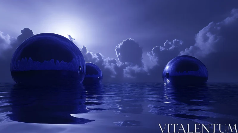 Glossy blue spheres float on reflective water under backlit clouds