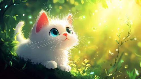 White Cat with Coral Ears in Luminescent Garden Setting