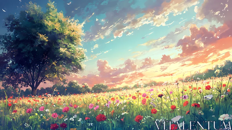 Luminous meadowscape with single tree under stratified sunset sky.