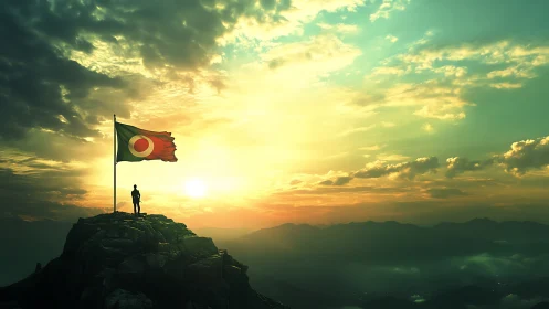 Silhouette with national flag atop sunlit emerald summit.