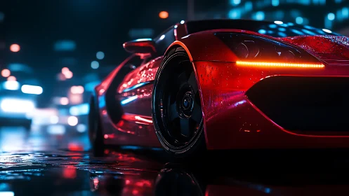 Red sports car is shown in a wet neon-lit urban street scene