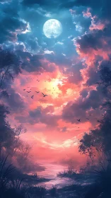 Moonlit river glows beneath blazing twilight sky.