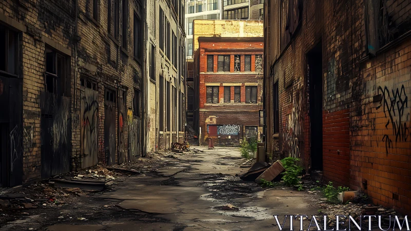 Rust-brick alleyway dreaming in ruin and late city light.
