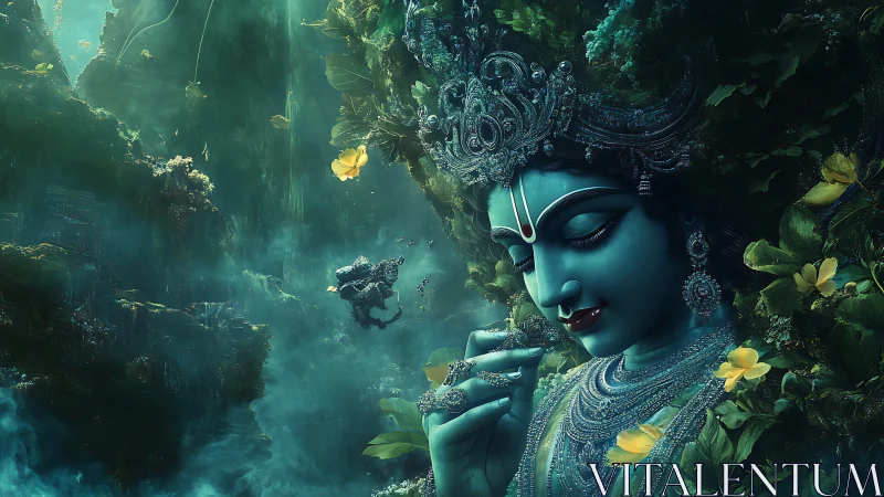 Blue divine figure in lush mystical forest setting.