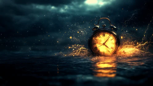 Glowing antique clock rises from stormy waves in warm light