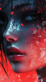 Neon-lit female portrait with abstract red digital splatter.