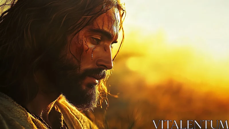 Profile view presents bearded figure against diffuse golden light