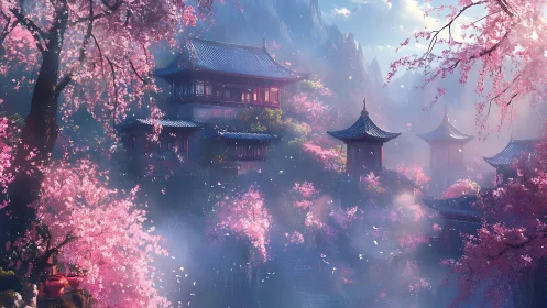 Digital painting of misty cherry blossom mountain temples.