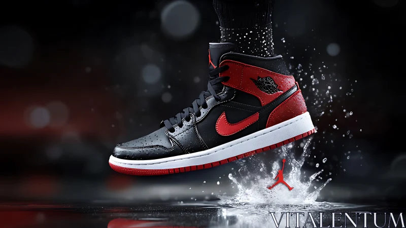 Black and red basketball shoe impacts water surface mid-jump