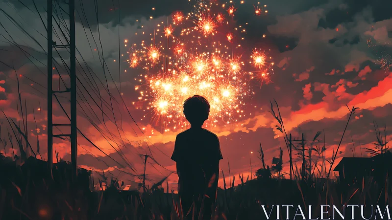Silhouetted child observing aerial fireworks over dusk horizon.