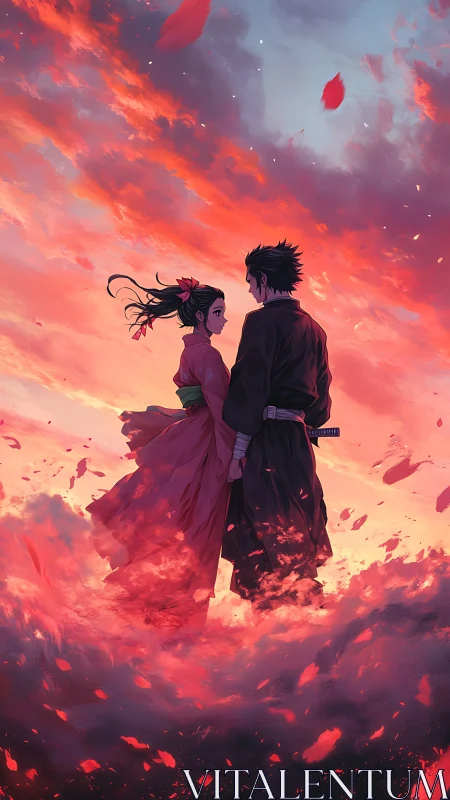 Two anime figures stand in clouds under vivid red sunset sky