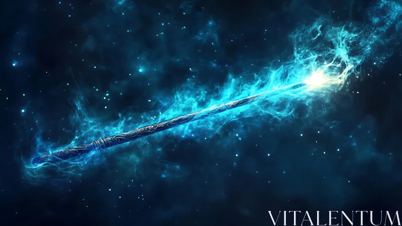 Enchanted blue staff emits blazing cosmic energy in space