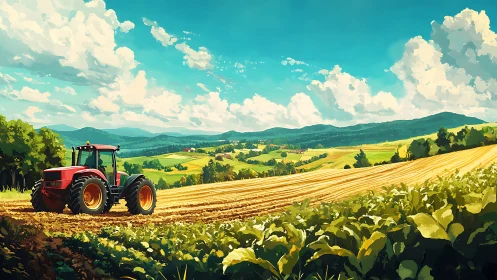 Red tractor cultivates rolling farmland under high cumulus clouds