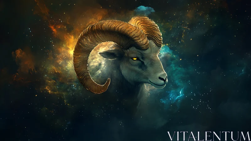 Celestial ram portrait in luminous nebular composition digital.