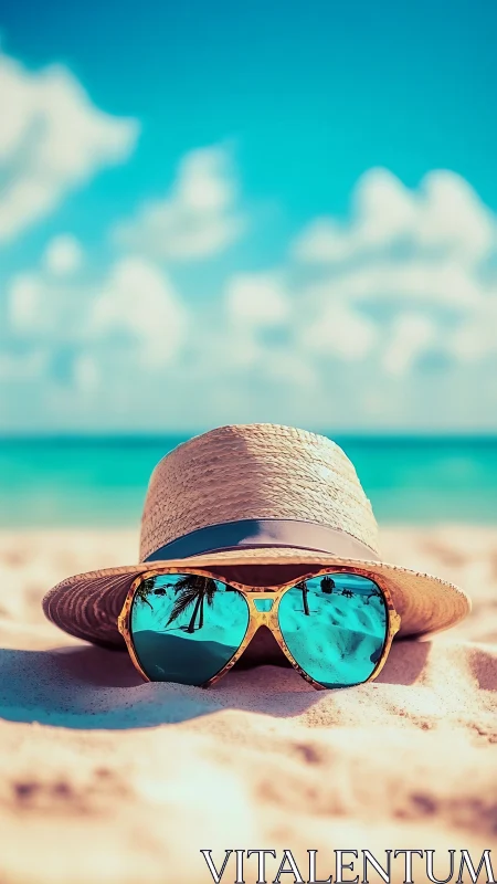 Straw sunhat and cyan sunglasses on tropical sand beach.