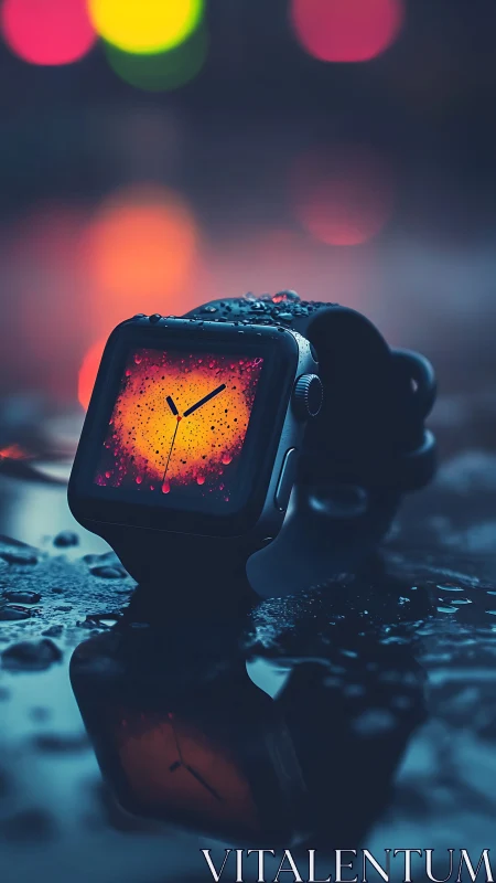 Smartwatch with luminous display rests on wet reflective surface