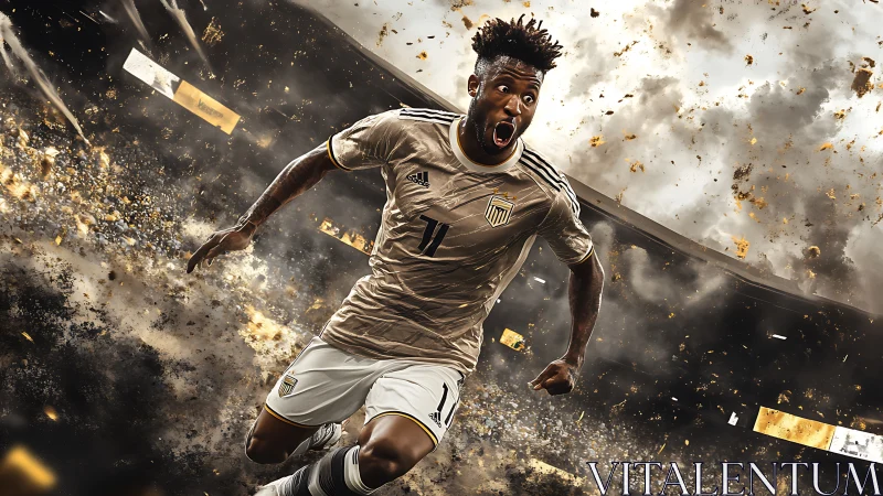 Explosive soccer forward sprints through storm of sparks.