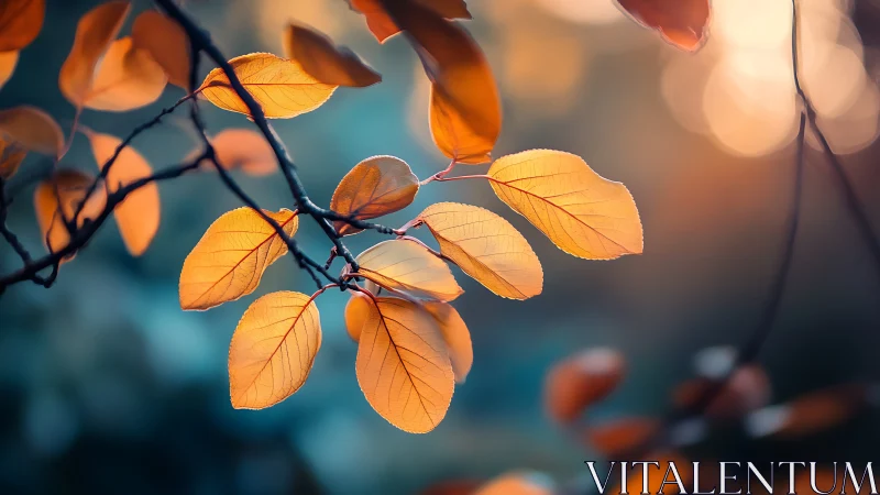 Golden autumn leaves on branch, soft focus nature photography.