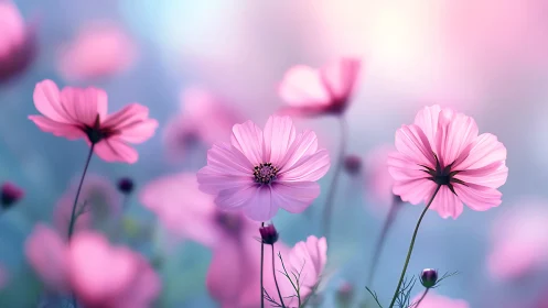 Pink cosmos flowers bloom against soft blue bokeh background