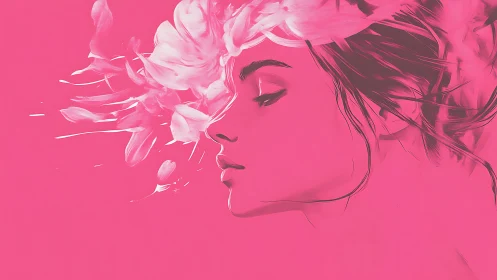 Monochrome pink portrait merges petals and profile silhouette.