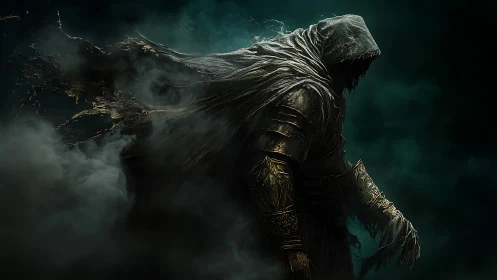 Hooded humanoid figure stands amid dissipating dark smoke