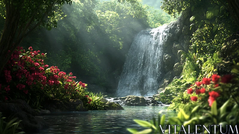 Forest waterfall with surrounding dense foliage and flowers.