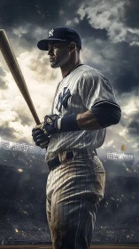 Baseball batter in pinstripes under dramatic stadium sky.