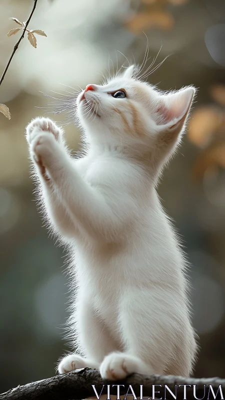 White Kitten Reaching Toward Autumn Leaves.