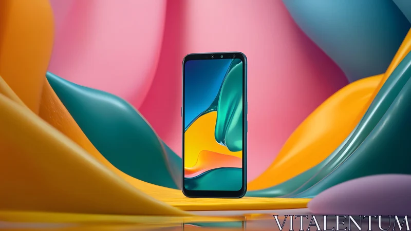 Modern smartphone displayed in vibrant abstract background scene.