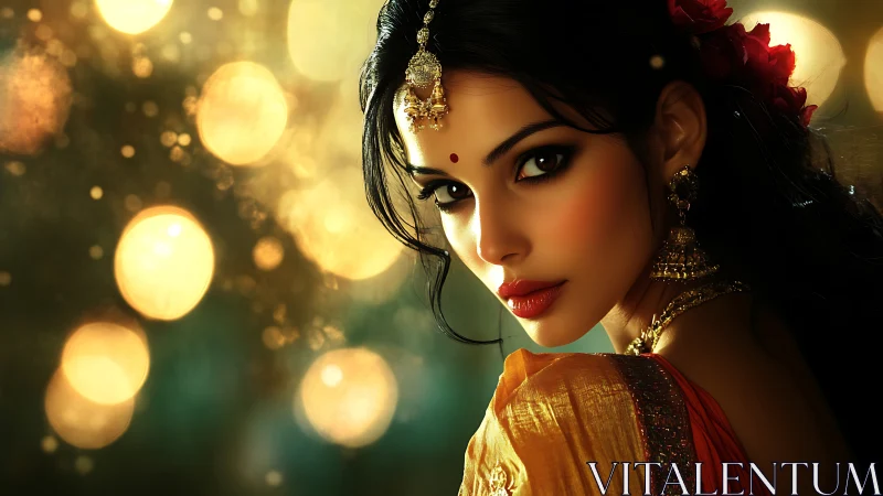 Elegant woman in sari under golden festival lights.