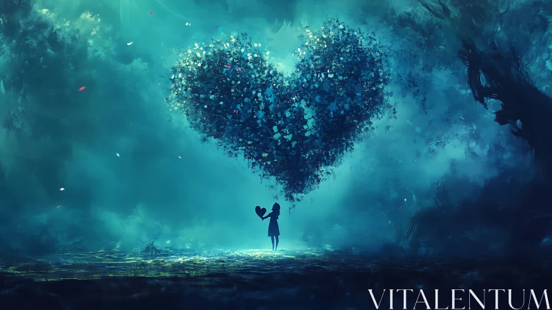 Figure holding silhouetted heart form composed of dispersed particles.