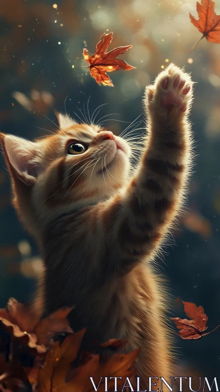 An Orange Cat Leaps for Dancing Autumn Leaves.