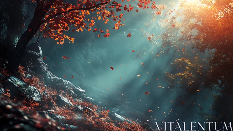 Autumn leaves fall through misty forest canyon with golden sunlight