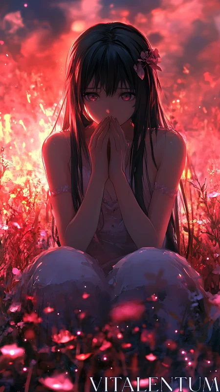 Girl in glowing crimson field with pensive, hidden gaze.