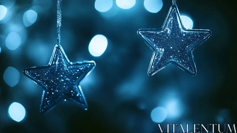 Glittering glass star ornaments in cool blue bokeh field.