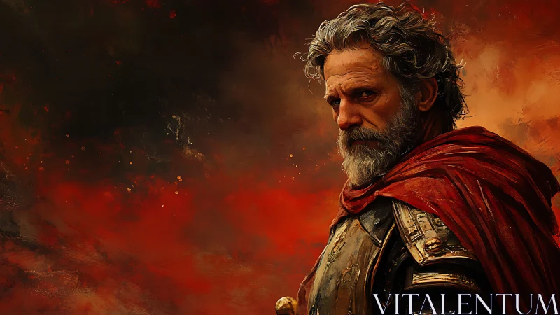 Battle-scarred general stares through smoldering red storm.