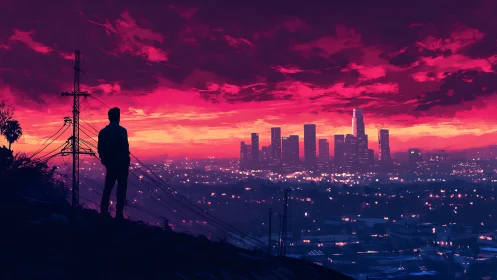 Quiet hilltop dreamer watching a glowing city sunset.