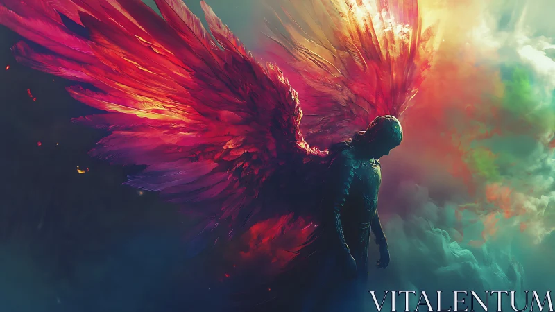 Radiant winged guardian drifting through prismatic storm skies.