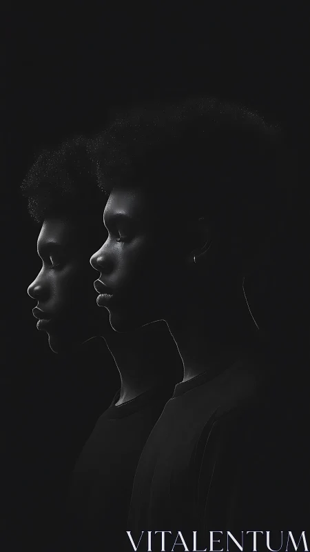 Twin silhouettes drift through charcoal light, quietly divided.