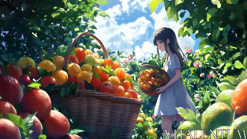 Sunlit orchard girl cradling a basket of glowing fruit.