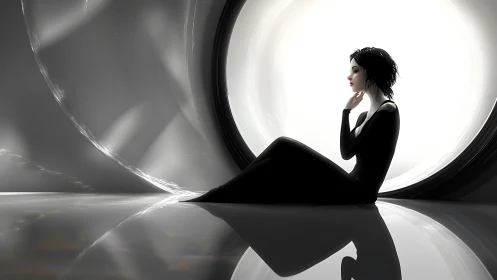 Minimalist digital portrait in luminous circular interior space.