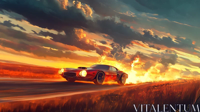 Sunset asphalt erupts as a fire‑trailing muscle car sprints