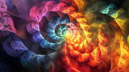 Radiant fractal spiral glows with layered rainbow light.