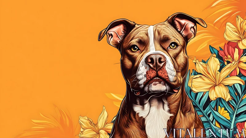 Digitally illustrated pit bull portrait framed by tropical florals