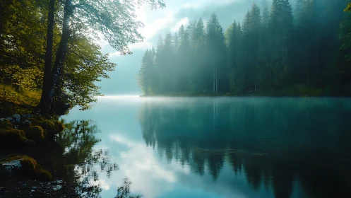 Serene Mountain Lake Morning Emerges Through Misty Forest