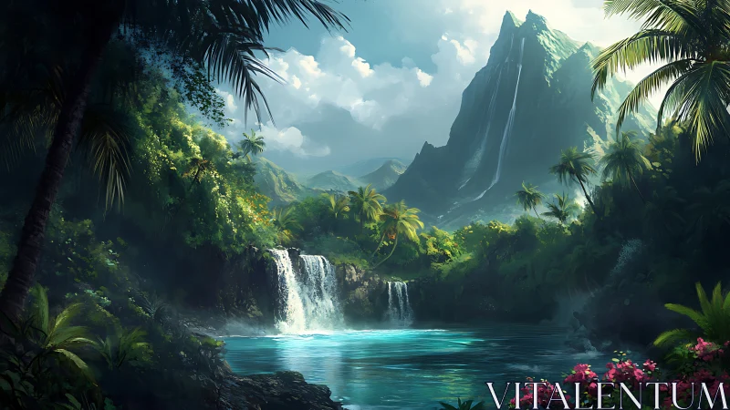 Tropical waterfall lagoon beneath steep mountain cliffs.