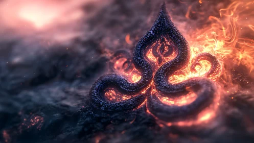 Molten fractal emblem emerging from glowing lava field.