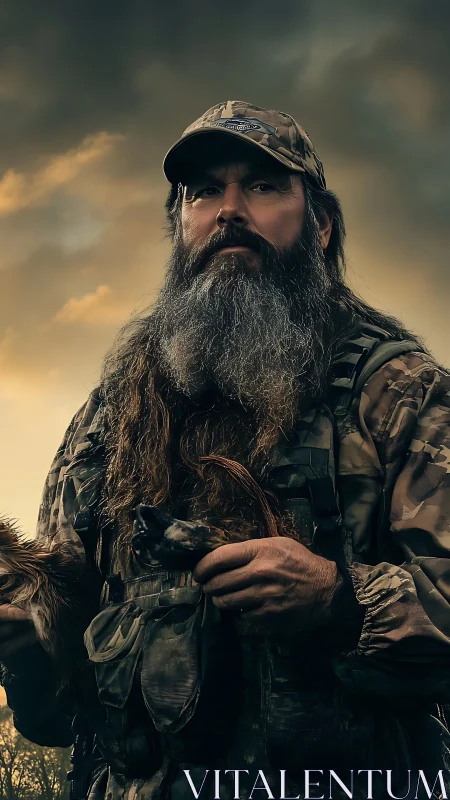 Bearded hunter in camo gear stands beneath stormy skies.